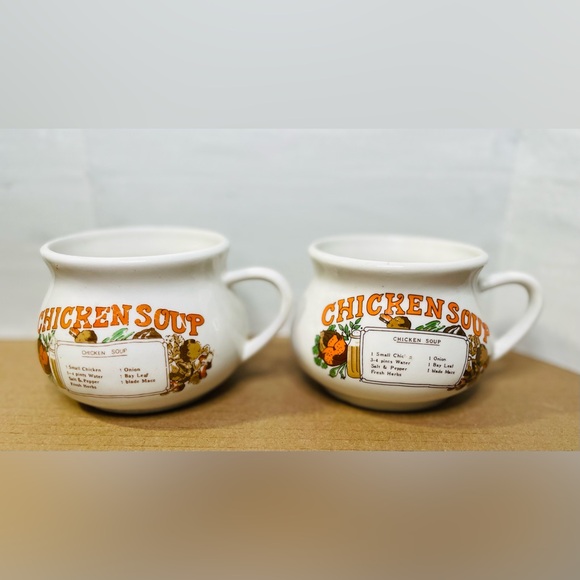 VTG Chicken Soup Recipe Mug Ceramic Orange Writing 4” W X 3 1/2” H Set Of Two - Picture 1 of 6